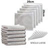 A stack of silver microfiber cleaning pads and a single-layer pad are shown with dimensions marked.