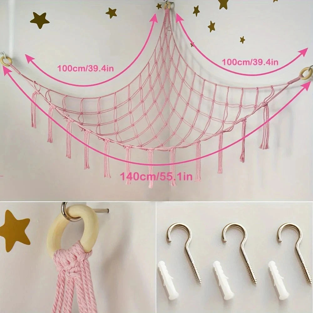 Pink plush animal hammock storage net with wooden hangers and pink fabric