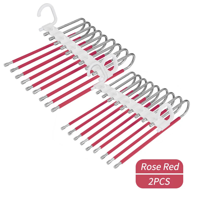 A set of rose red stainless steel multi-layer hangers for clothes.