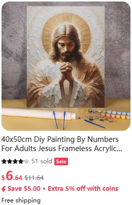 A painting of Jesus Christ with a halo, displayed in a frameless acrylic canvas set.