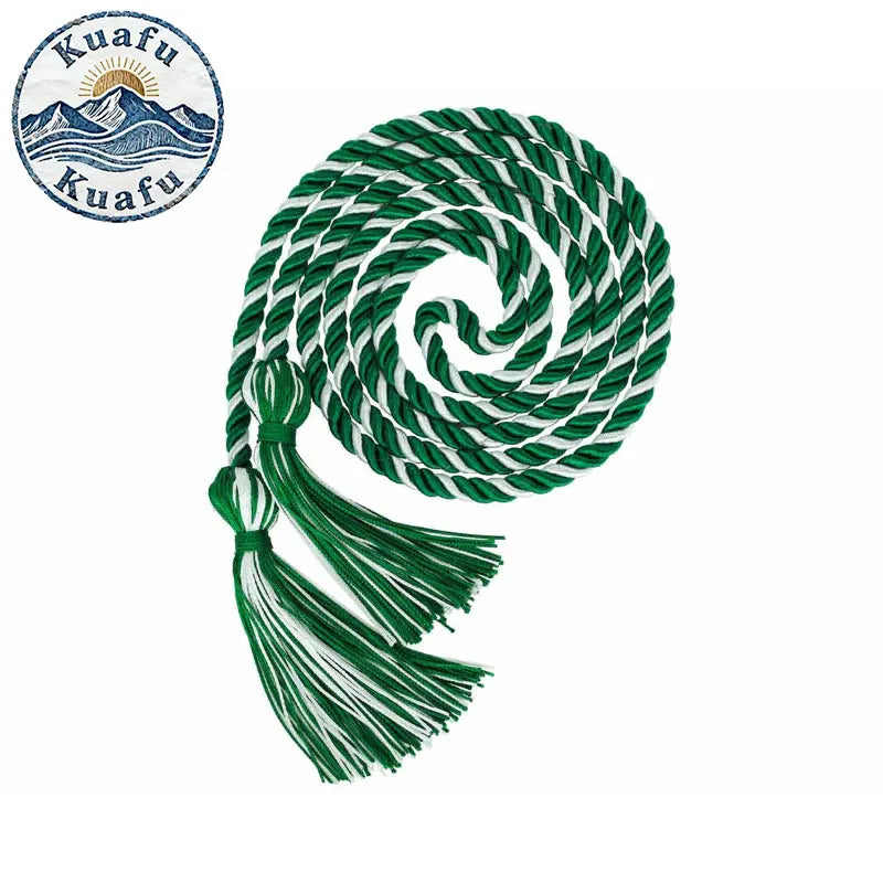 Green graduation honor cord with tassel ends coiled into a spiral, next to a circular logo.