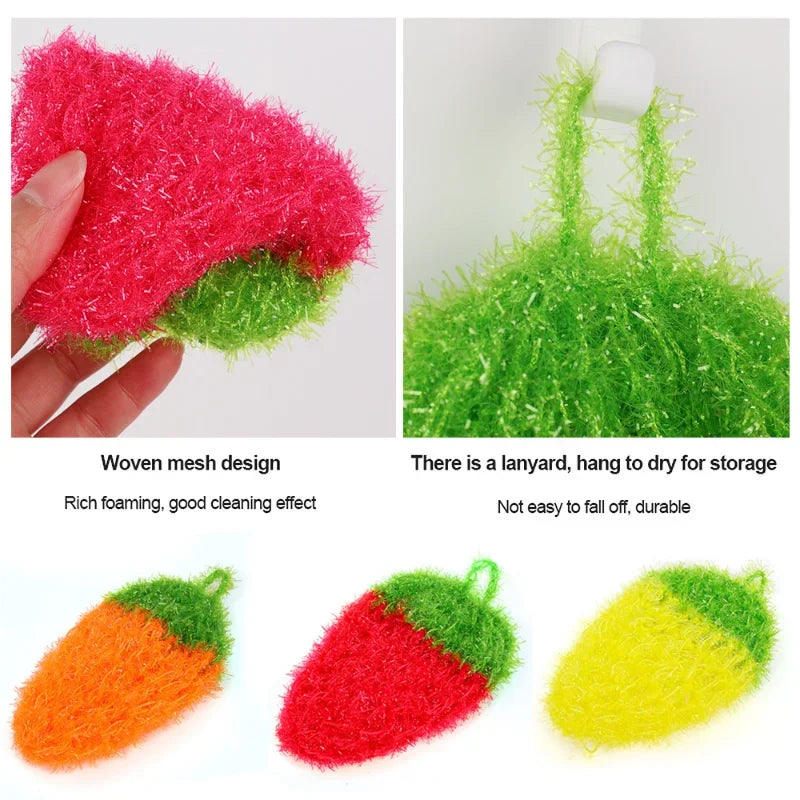 Various colored strawberry shaped scouring sponges made of woven mesh for kitchen cleaning