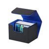 A black and blue PU leather magnetic card deck box for TCG storage with a hinged lid.