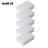 A stack of five white melamine cleaning sponges or magic erasers.