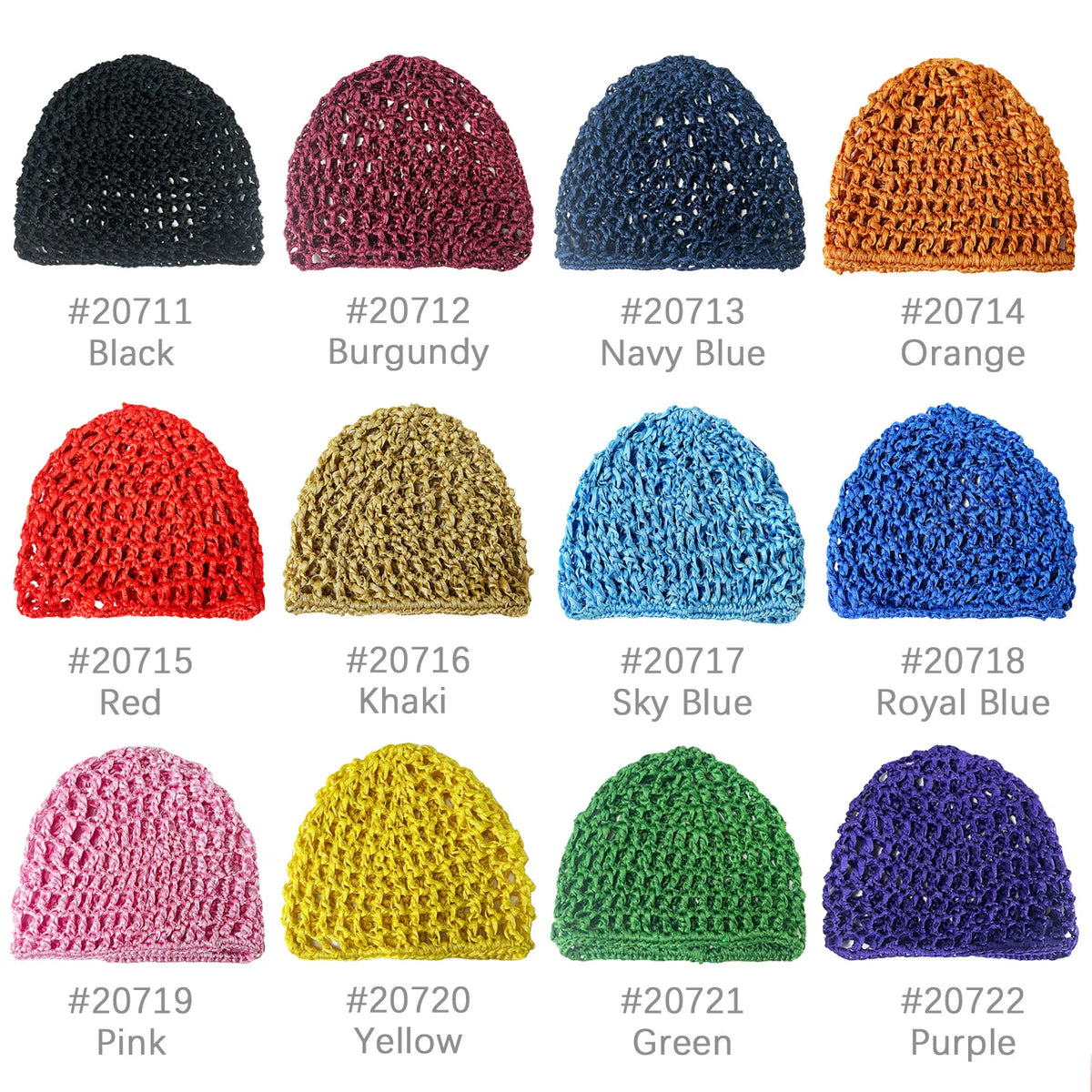 A collection of hand-crocheted mesh hair net caps in various colors including black, burgundy, navy blue, orange, red, khaki,