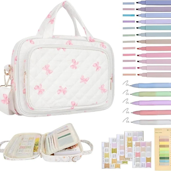 White quilted floral bible cover with included study accessories and pens