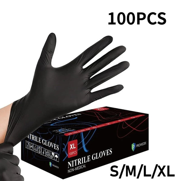 A box of 100 pairs of black nitrile disposable gloves shown next to a hand wearing a glove.