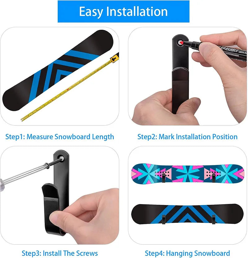 Instructions showing how to measure, mark, and install heavy duty iron wall mount hooks for storage on a snowboard.