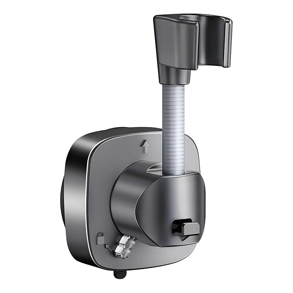 A black No-Drill Adjustable Suction Cup Shower Head Holder with a chrome shower head.