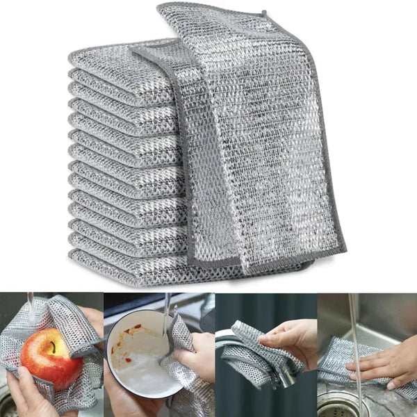 Stack of gray double-sided stainless steel kitchen cleaning cloths shown in various uses.