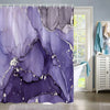 Purple and gray marble abstract fluid texture shower curtain hanging in a bathroom