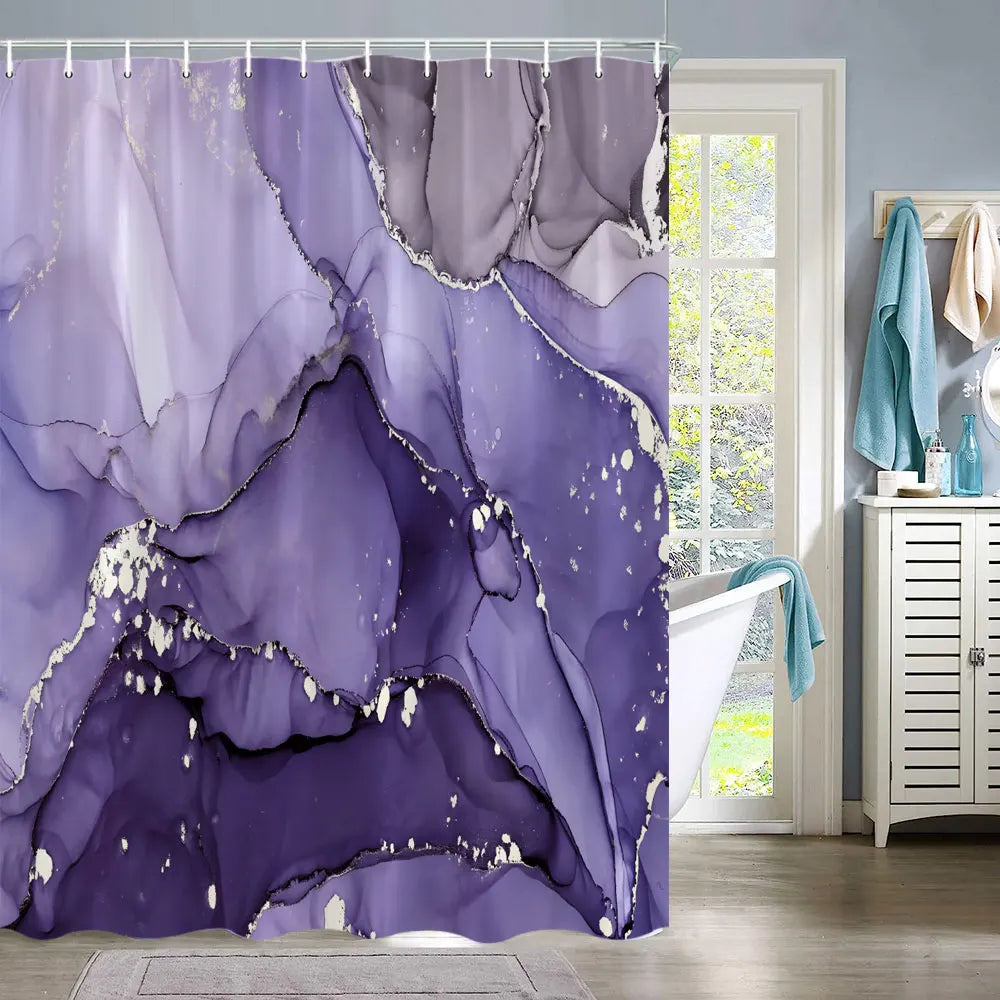 Purple and gray marble abstract fluid texture shower curtain hanging in a bathroom