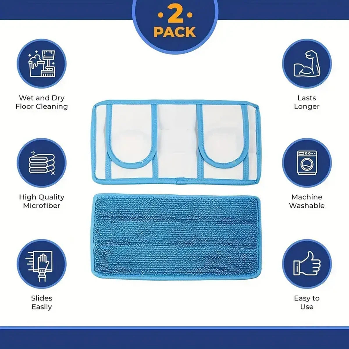 A set of two blue microfiber mop pads designed for wet and dry floor cleaning.