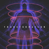 Abstract art featuring a silhouette of a person surrounded by glowing pink and purple concentric rings against a dark starry 