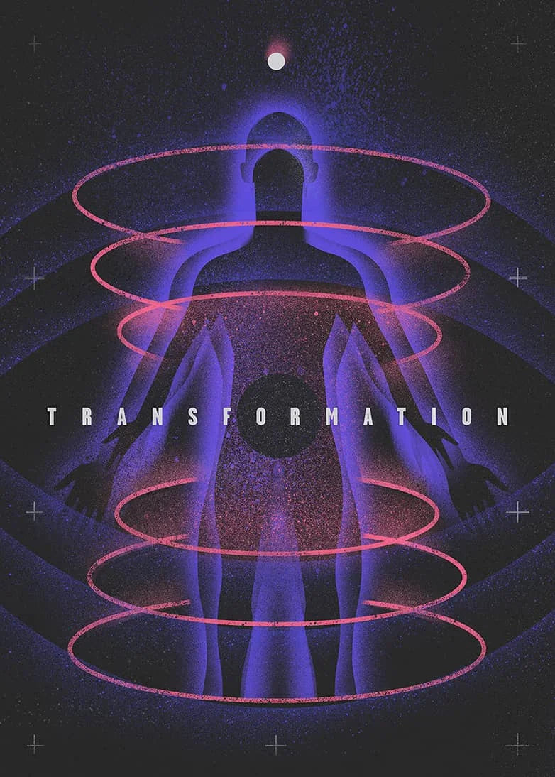Abstract art featuring a silhouette of a person surrounded by glowing pink and purple concentric rings against a dark starry 