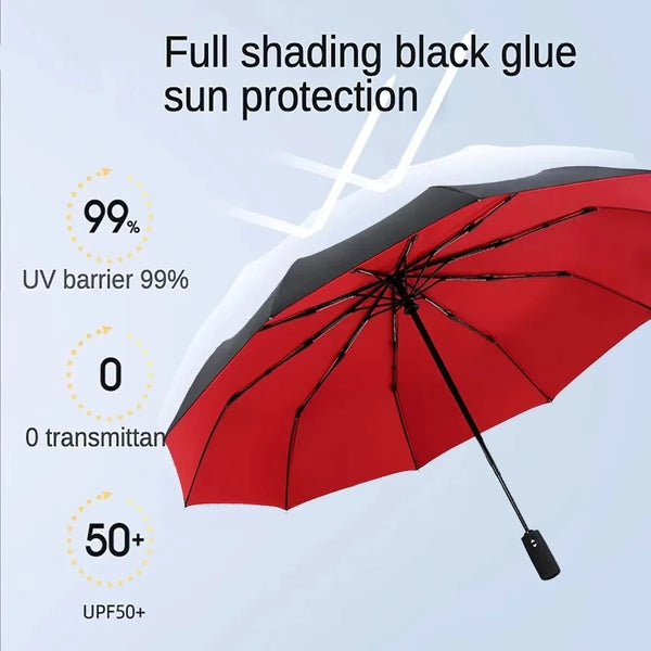 A red umbrella with black full shading features and UV protection details displayed against a light sky background.