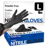 A hand wearing black disposable powder-free nitrile gloves is shown next to a box of Nitrile Gloves.