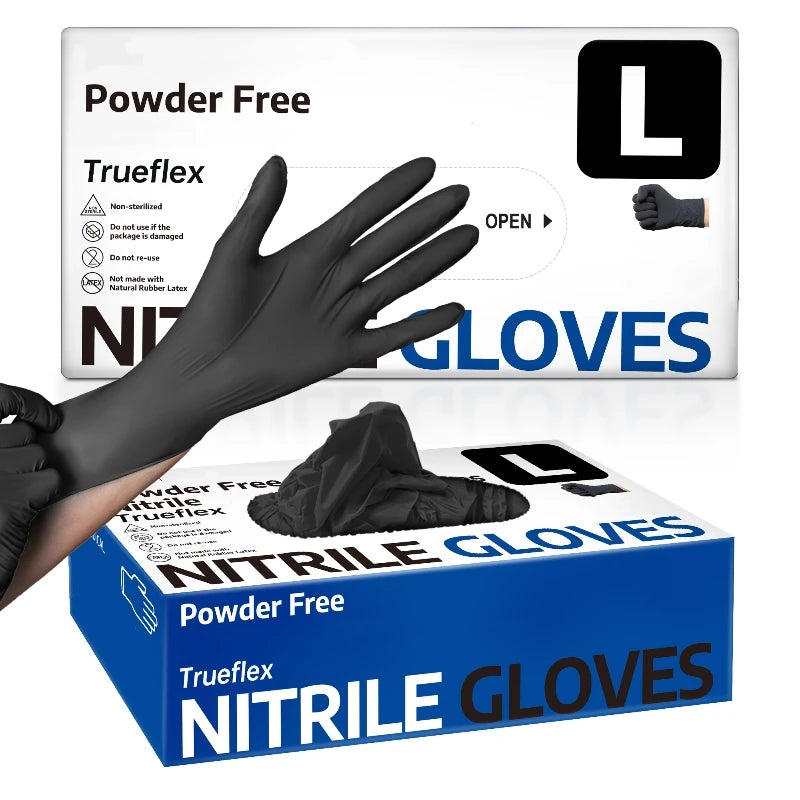 A hand wearing black disposable powder-free nitrile gloves is shown next to a box of Nitrile Gloves.