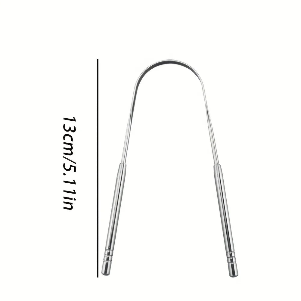 A stainless steel tongue scraper with a 13cm length and a small handle.