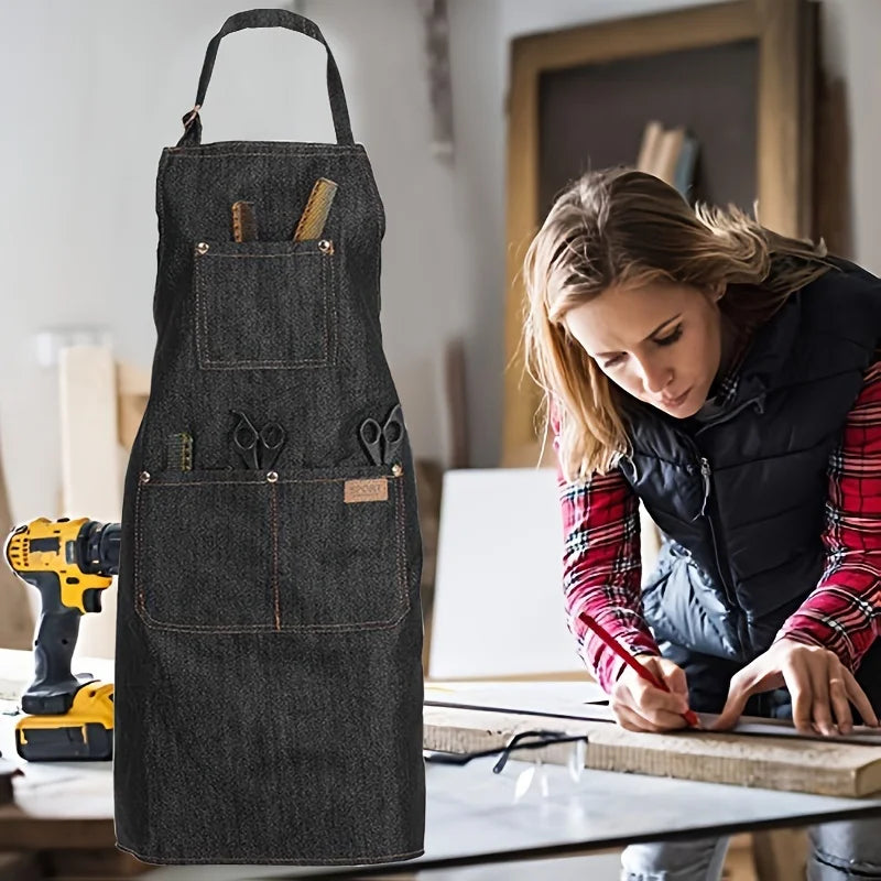 A dark gray denim tool apron with multiple pockets and a handle is shown on a wooden table.