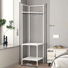 A white multi-layer corner coat rack with adjustable height and multiple hanging bars shown in a modern interior setting.