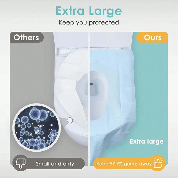 Extra large disposable toilet seat liners shown next to a magnified view of germs and a graphic indicating germ protection