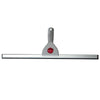 A silver glass cleaning squeegee with a gray handle and red grip.