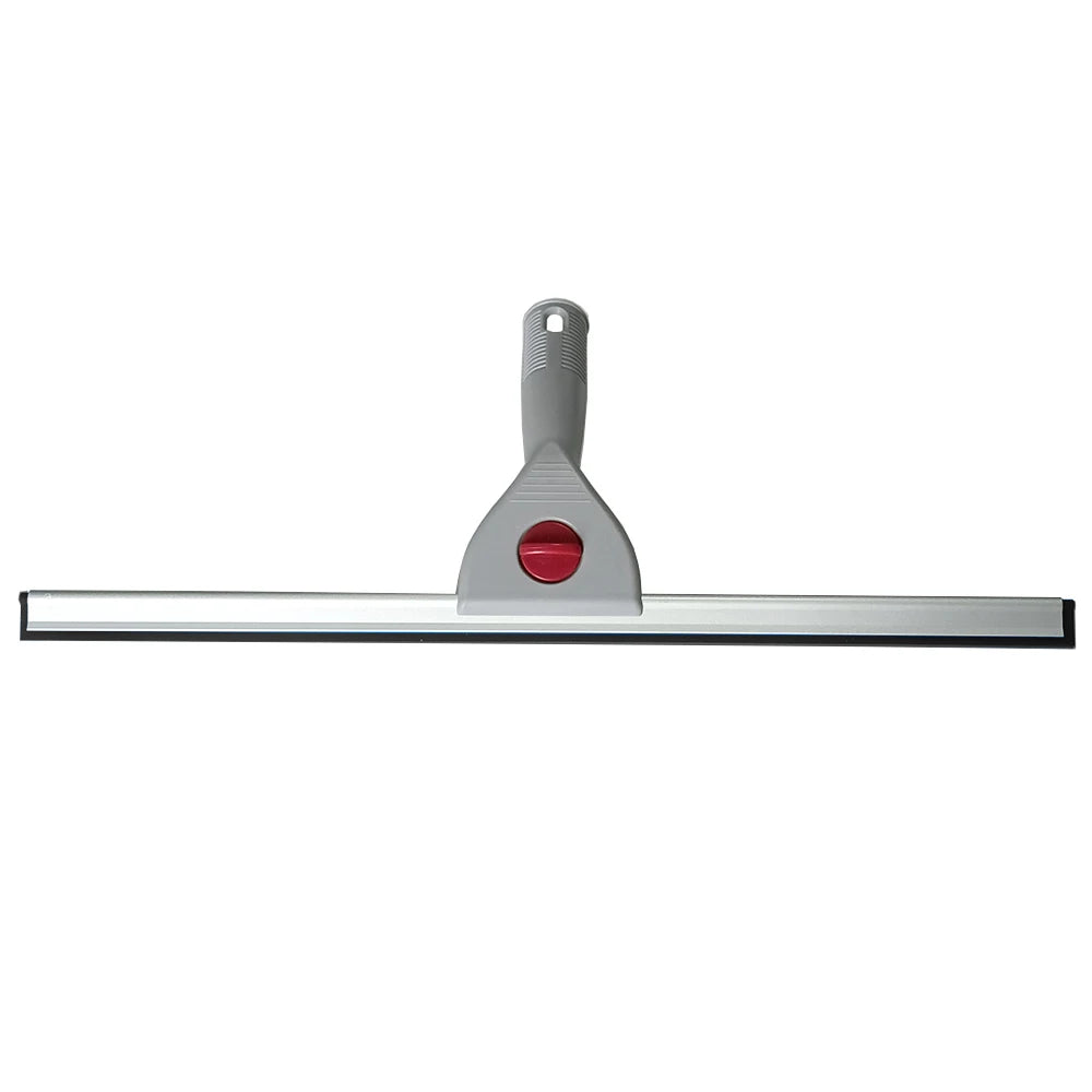A silver glass cleaning squeegee with a gray handle and red grip.