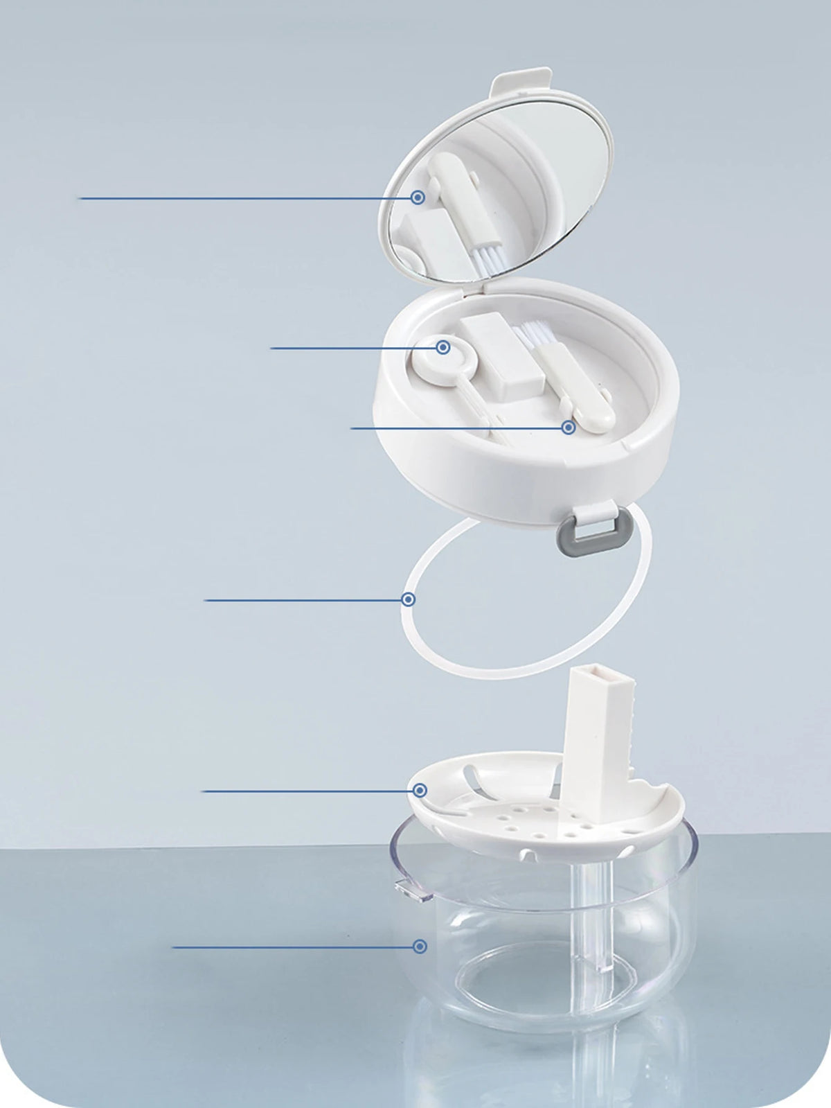 A white portable multi-tool organizer for dental appliances shown with various components and a clear storage container.
