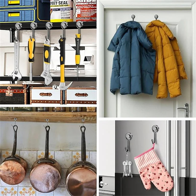 A collection of heavy duty magnetic hooks and tools for household storage, including various sized hooks and a pair of pink g