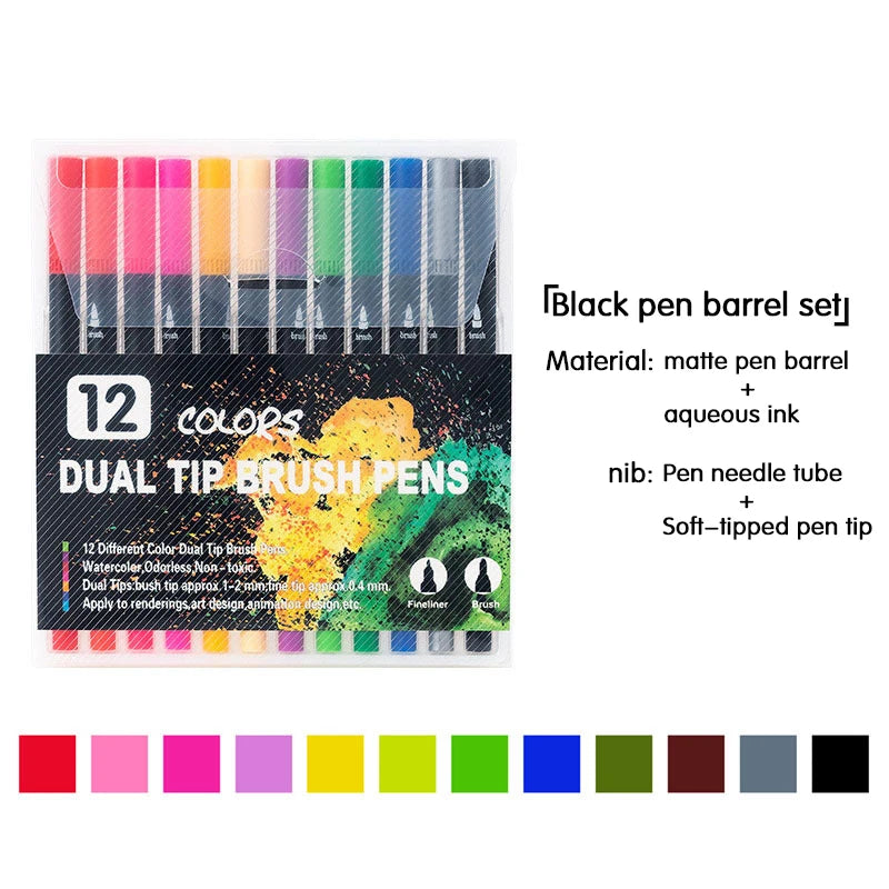 Set von 12 Doppelspitzen-Brush-Stiften in verschiedenen Farben und Schattierungen für Kunst und Design