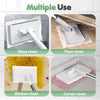 A multi-use hands-free mop with reusable microfiber cloths shown cleaning glass, floors, kitchens, and corners.