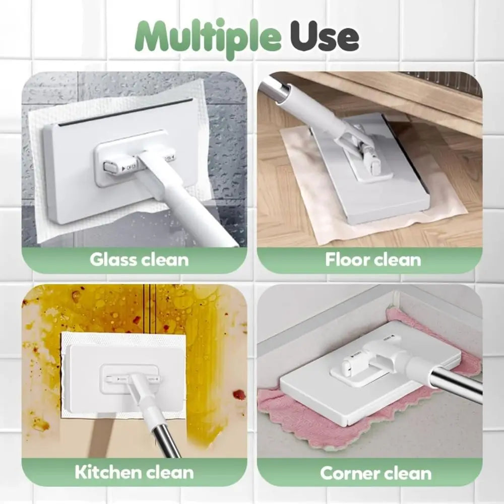 A multi-use hands-free mop with reusable microfiber cloths shown cleaning glass, floors, kitchens, and corners.