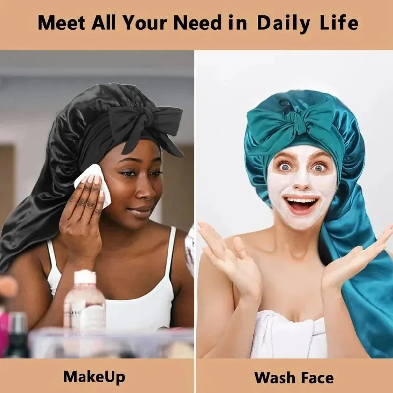 A woman wearing a black satin sleeping bonnet and a woman washing her face are shown.