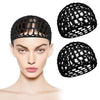 A black adjustable mesh wig cap is shown on a model's head, with separate views of the product.