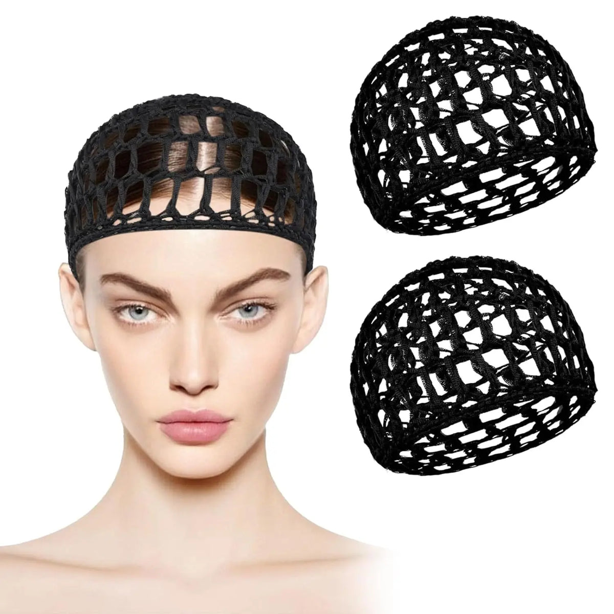 A black adjustable mesh wig cap is shown on a model's head, with separate views of the product.