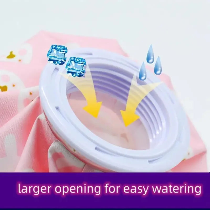 A white reusable ice and hot water therapy pack is shown with water droplets falling, demonstrating a larger opening for easy