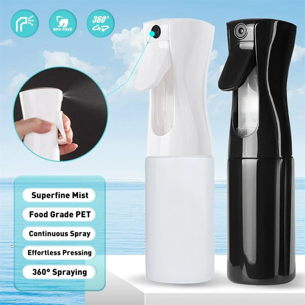 A white and black multi-functional handheld spray bottle is shown with features like BPA free, food grade PET, continuous spr