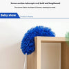 A blue seven-section telescopic cleaning rod with a fluffy brush is displayed next to a wooden shelf.
