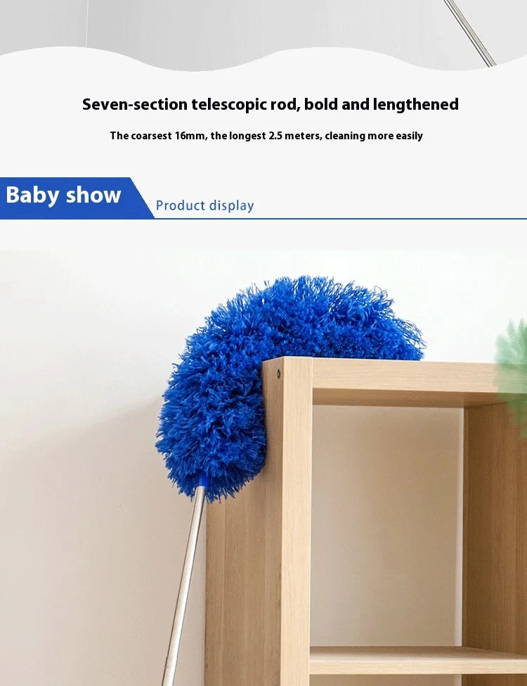 A blue seven-section telescopic cleaning rod with a fluffy brush is displayed next to a wooden shelf.