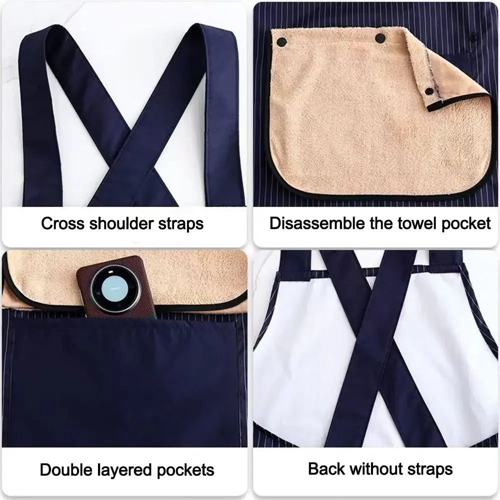 Various views of a waterproof sleeveless kitchen apron featuring cross shoulder straps, removable towel pocket, double layere