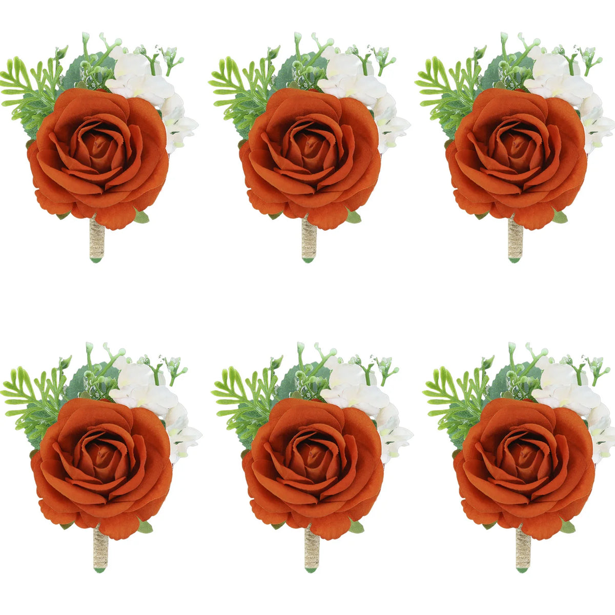 Trois boutonnières vintage en soie orange avec des fleurs blanches et du feuillage vert.