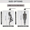 A white shower curtain displayed with size options showing a person's silhouette and dimensions.