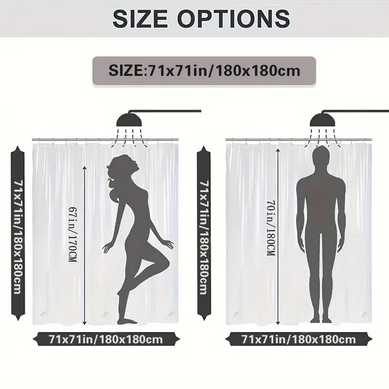 A white shower curtain displayed with size options showing a person's silhouette and dimensions.
