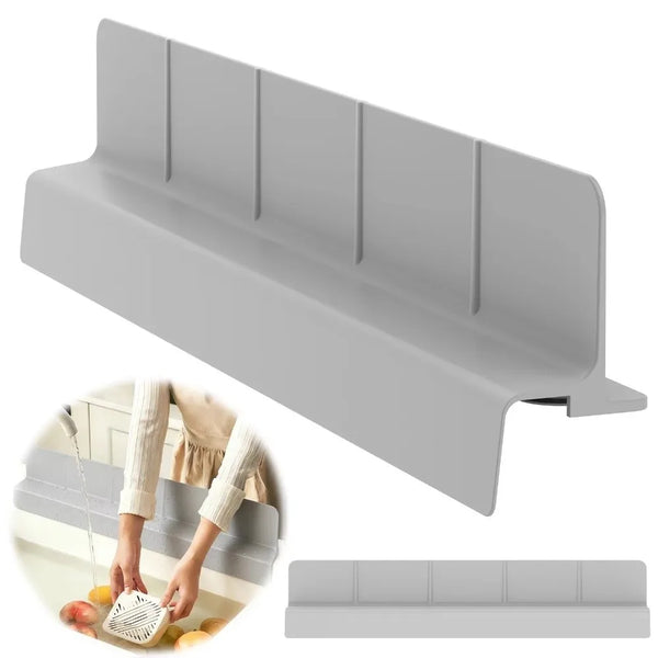 A gray silicone sink barrier is shown in various angles, including a close-up of it being used to protect a kitchen sink.