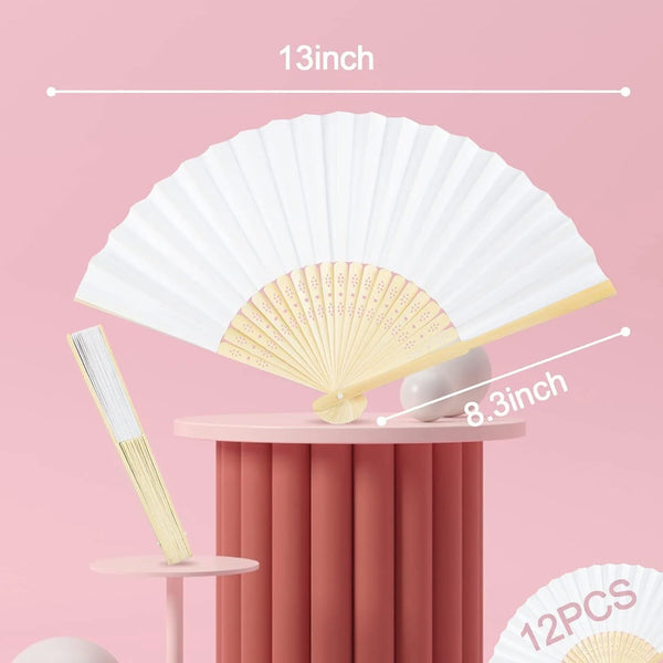 A white decorative fan is shown open, with measurements indicating 13 inches and 8.3 inches.