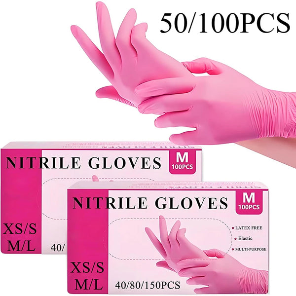 Pink nitrile disposable gloves shown in various sizes and quantities with a hand wearing them.