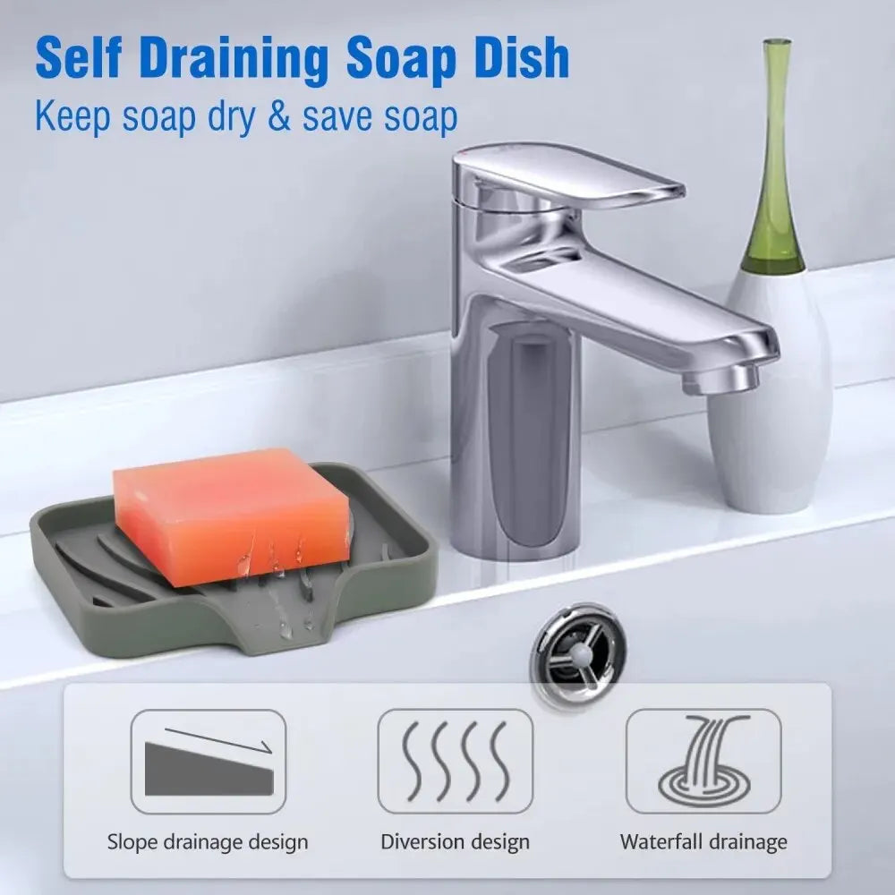 A self-draining soap dish with a silver faucet and silicone tray for keeping soap dry.