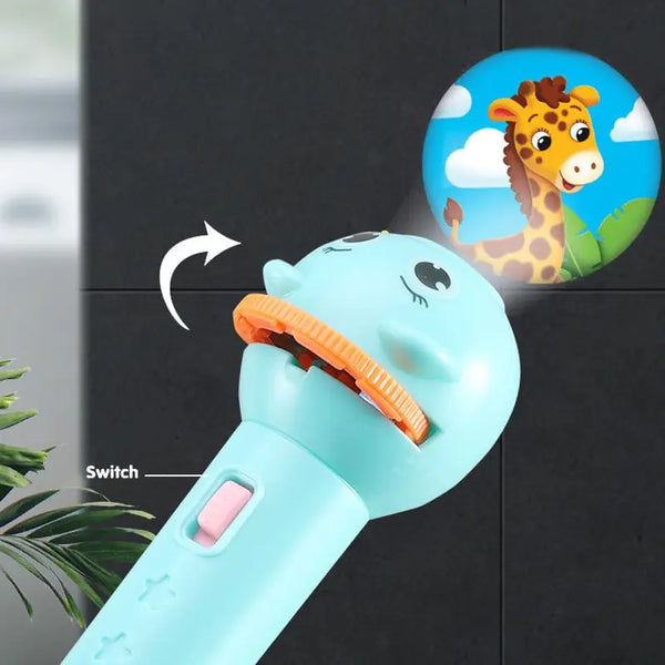 A light blue flashlight with an orange switch is shown projecting a giraffe image onto a dark surface.