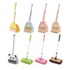 A set of five toddler mini brooms and dustpans in various pastel colors for cleaning.